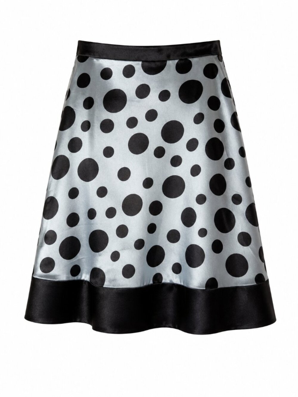 Black & Light Blue Polka Dot Satin Skirt | A-Line Retro Chic Midi